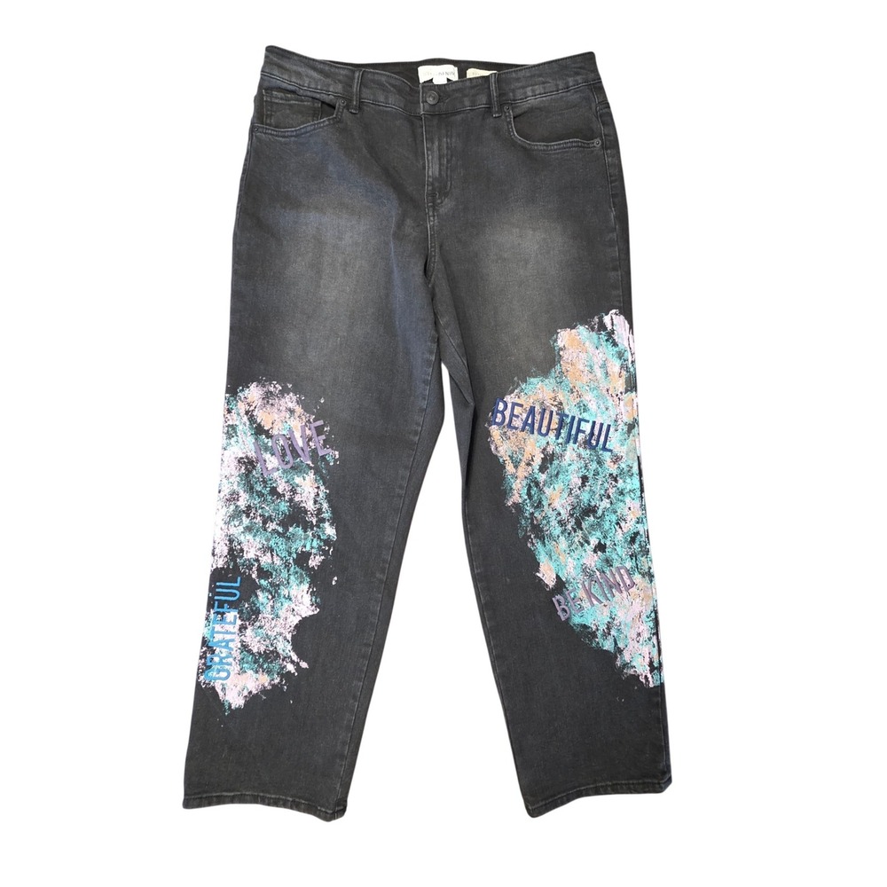 LOGO by Lori Goldstein Painted Boyfriend Jeans Black Embroidered Size 14 Limited